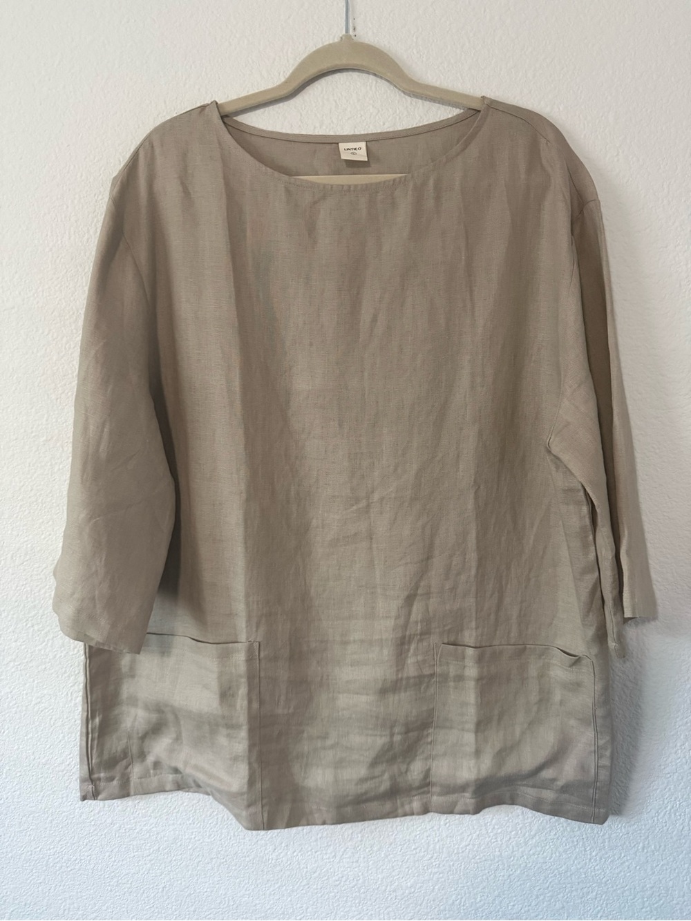 Lintico 100% Linen Relaxed Linen Pocket Tunic Top - Taupe Size L - Picture 12 of 16